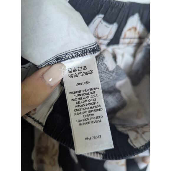Nicole Miller 100% Linen Shell Print Black Wide Leg Pants Women S Beachy Coastal - Picture 7 of 11